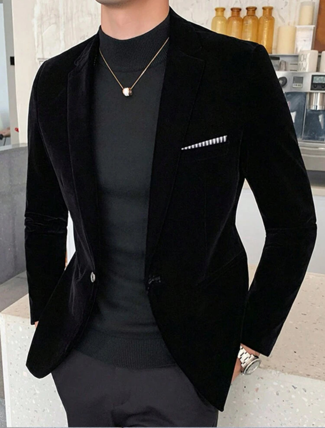 Blazer en velour Noir pour Homme 1 bouton