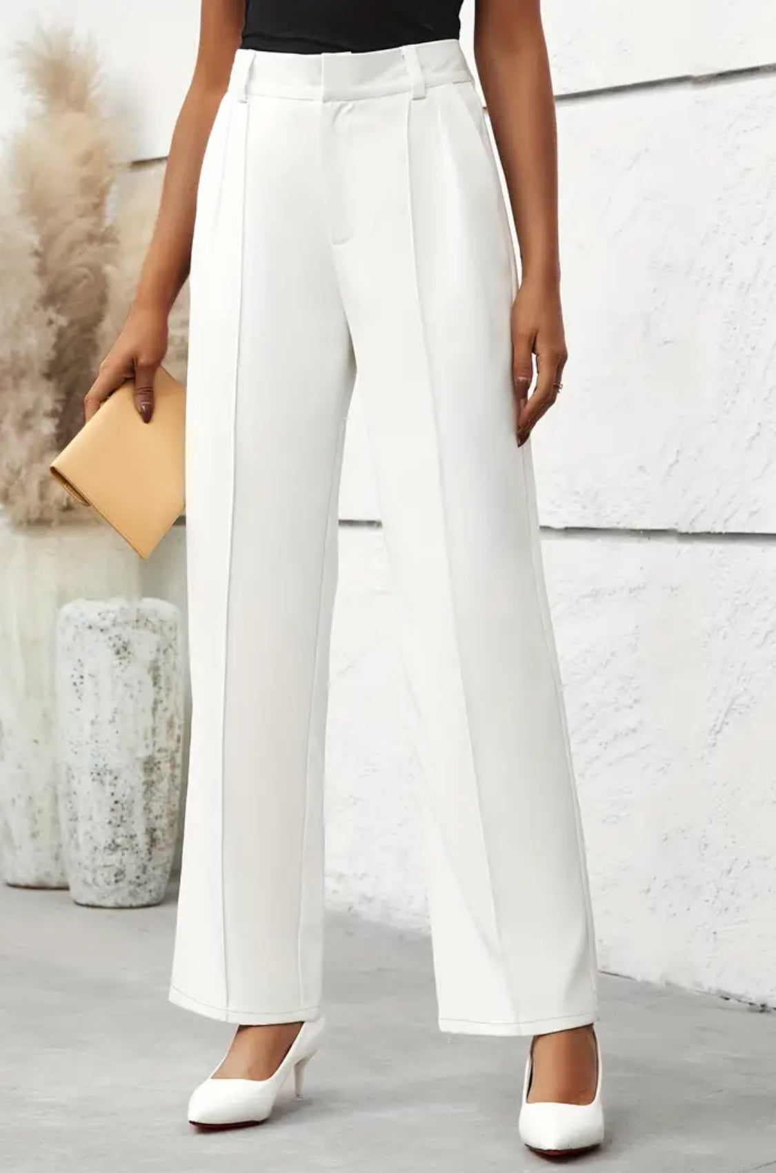 Pantalon à jambes larges taille haute uni, pantalon de bureau élégant et long