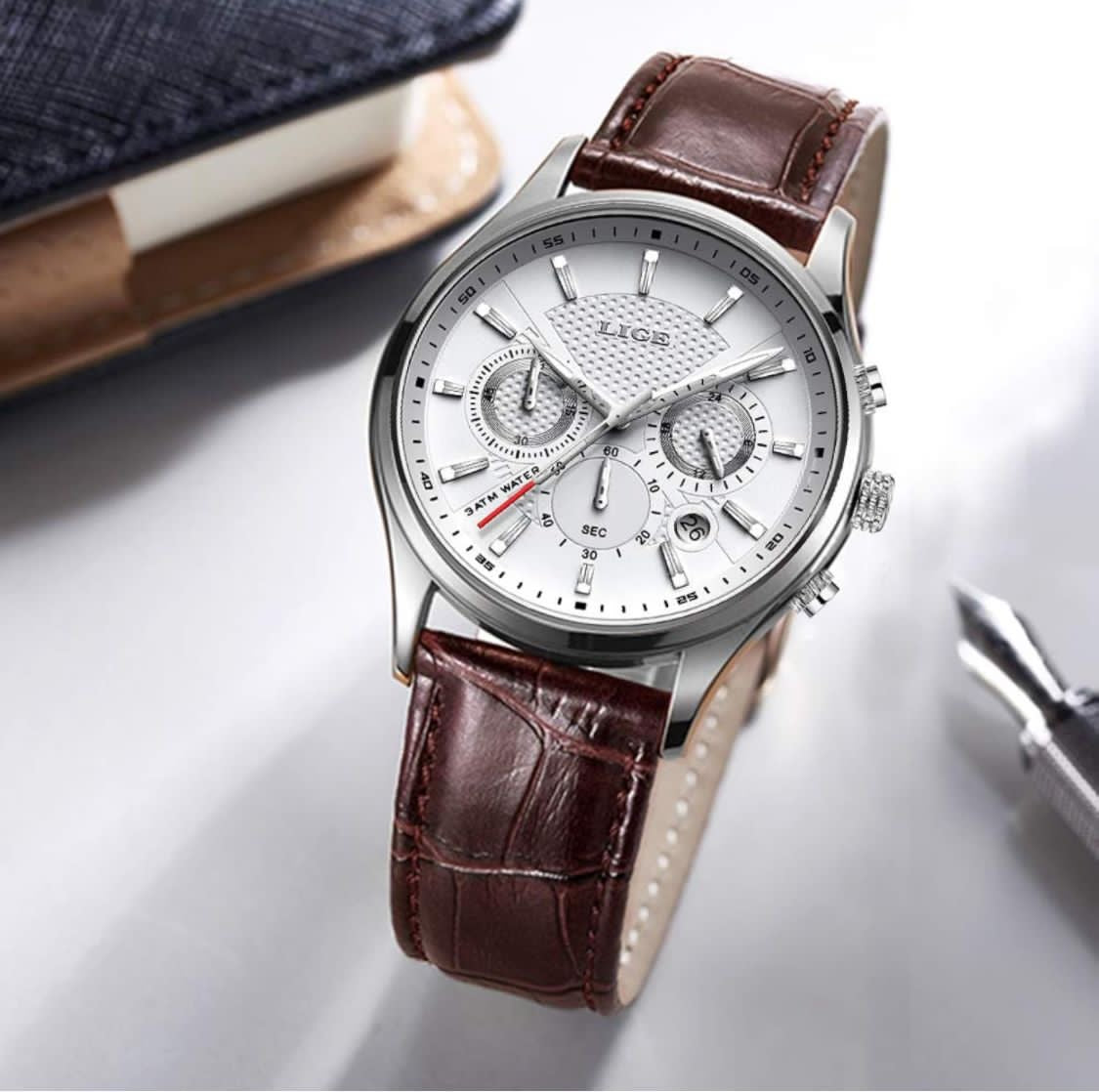 Montre LIGE  chronographe étanche à Quartz analogique en Acier Inoxydable avec Bracelet en Cuir et Calendrier