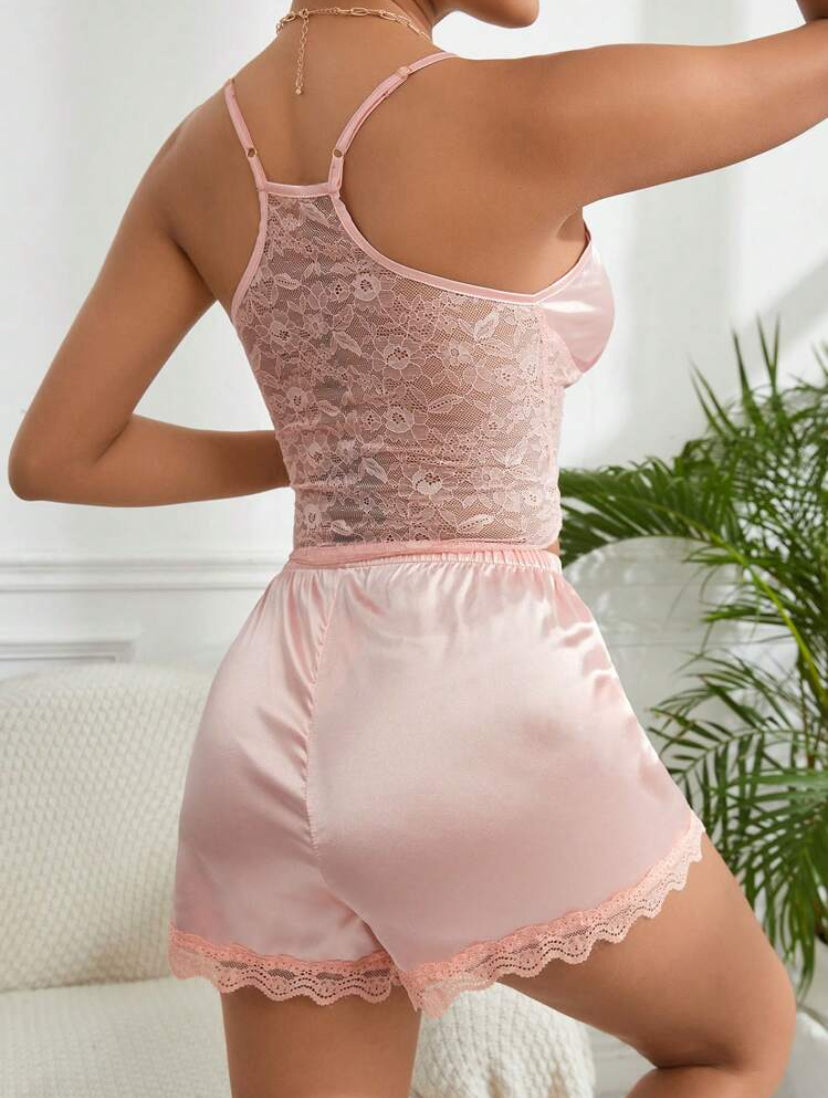 Ensemble De Pyjama Short & Top unicolore en satin À Fines Brides avec dentelle sur le dos