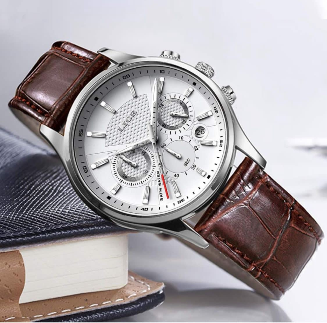 Montre LIGE  chronographe étanche à Quartz analogique en Acier Inoxydable avec Bracelet en Cuir et Calendrier