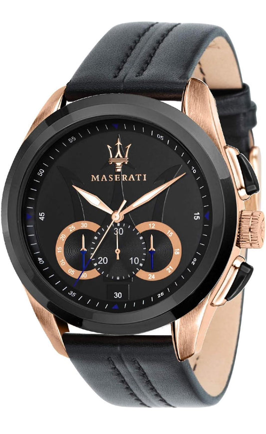 Montre Maserati pour Homme, Collection Traguardo, Mouvement à Quartz, chronographe, en Acier et Cuir