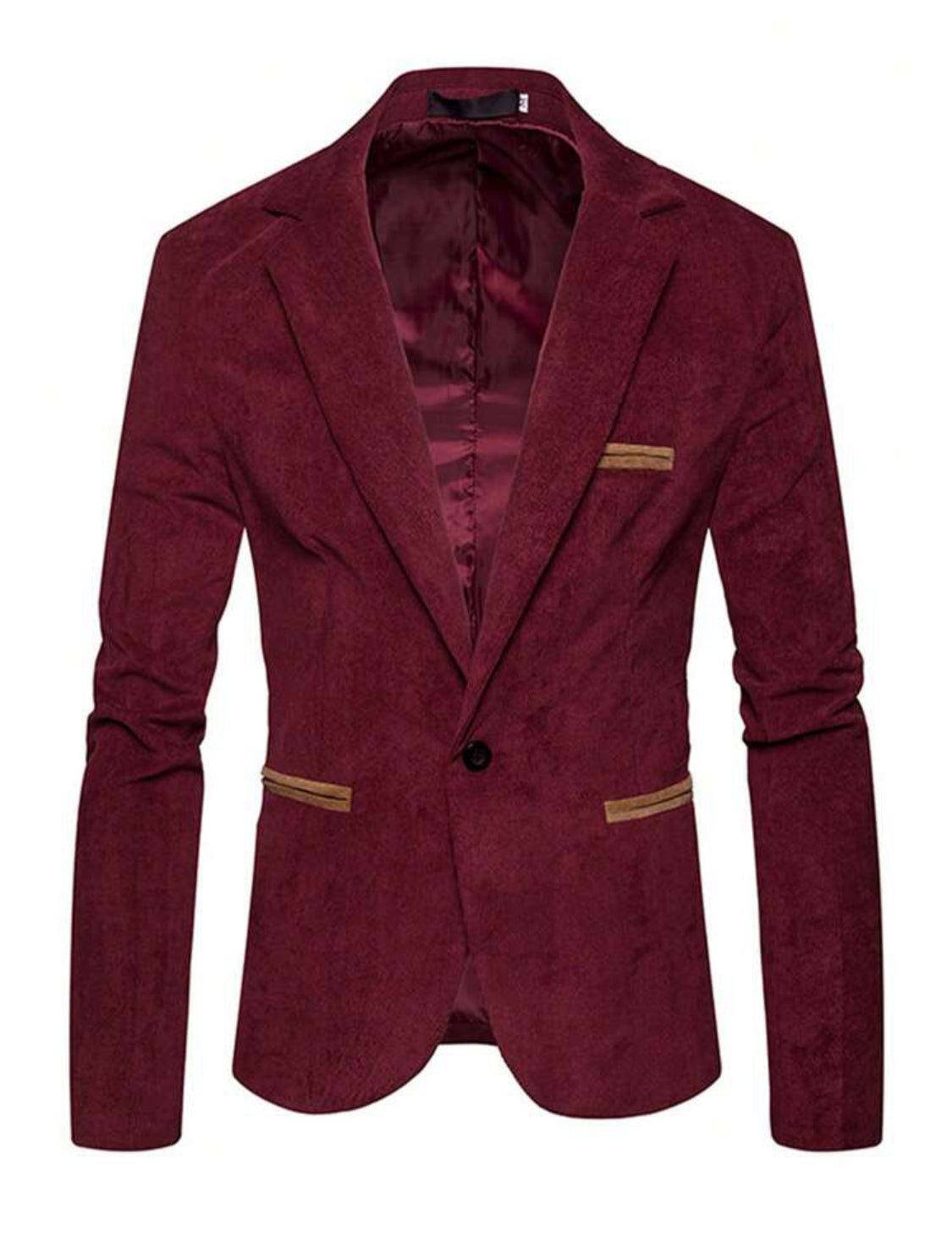 Blazer en velours bourgogne côtelé à bouton unique pour hommes