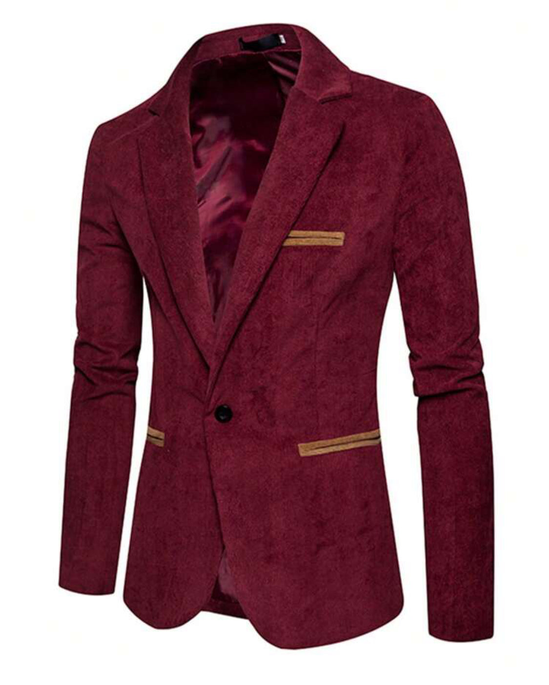 Blazer en velours bourgogne côtelé à bouton unique pour hommes