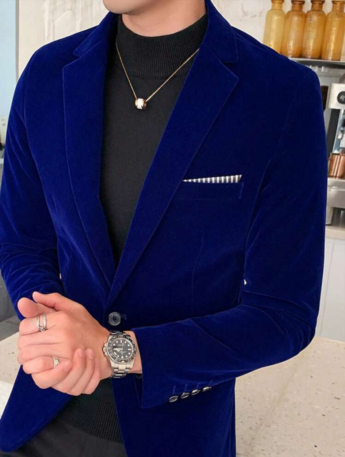 Blazer en velour Bleu pour Homme 1 bouton